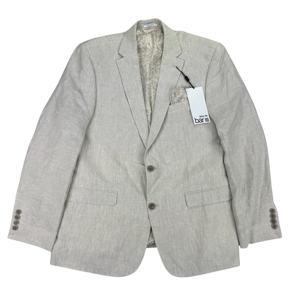 Bar III Mens Slim Fit 100% Linen Solid Suit Jacket Tan 42R
